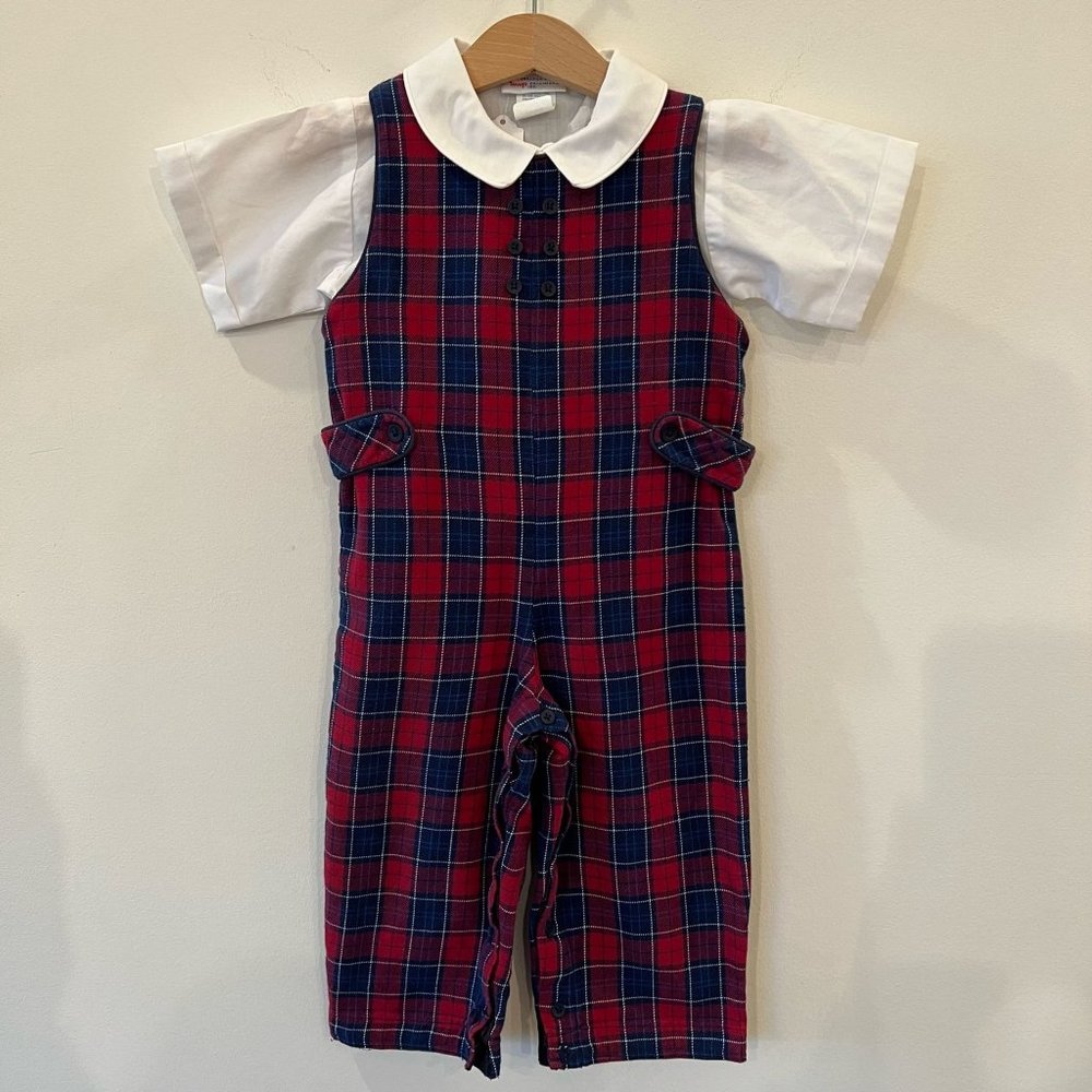 Boy's Plaid Sleeveless Longalls With White Short Sleeve Collard Shirt Size 24 Mo